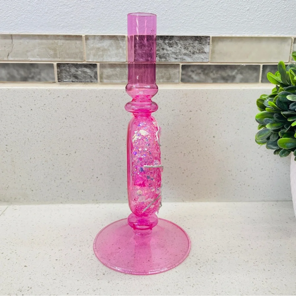 NEW Pink Glass Donut Taper Candle Holder Glitter‎ Sequin Accents Kitsch Decor